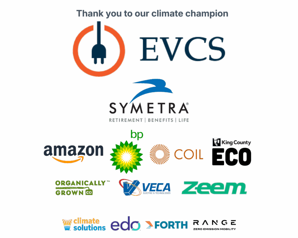 Logos below: EVCS (largest logo centered to top of page), Symetra (second largest logo below EVCS, centered to page), from left to right in a row below Symetra logo: Amazon, bp, Coil, King County Eco. In a row below the previous one but same size, from left to right: Organically Grown, VECA, Zeem. In the bottom row, smaller than previous rows, from left to right: Climate Solutions, edo, Forth, Range Zero Emissions. ‘Clean & Prosperous’ logo in bottom right corner.