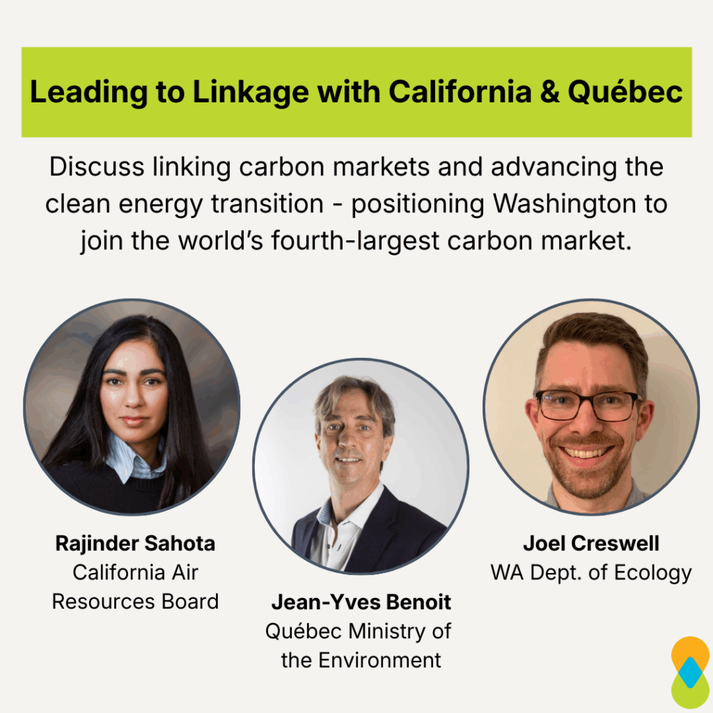 Graphic with title text on green box at top of page: “Leading to Linkage with California & Quebec.” Subtext below: “Discuss linking carbon markets and advancing the clean energy transition - positioning Washington to join the world’s fourth-largest carbon market.” Headshots of panelists in circle frames from left to right with name and organization below: “Rajinder Sahota, California Air Resources Board,” “Jean-Yves Benoit, Quebec Ministry of the Environment,” “Joel Creswell, WA Dept. of Ecology.” Clean & Prosperous logo in bottom right corner. 
