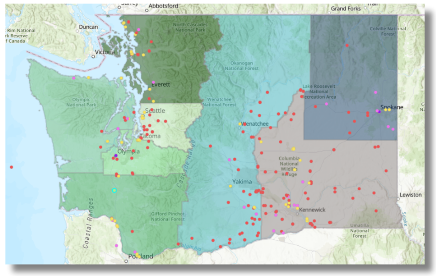 Map of Washington state with dots all over to show locations of clean energy and industrial modernization projects.